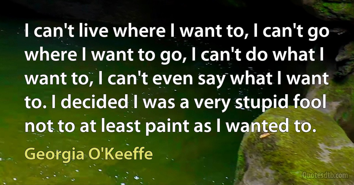 I can't live where I want to, I can't go where I want to go, I can't do what I want to, I can't even say what I want to. I decided I was a very stupid fool not to at least paint as I wanted to. (Georgia O'Keeffe)