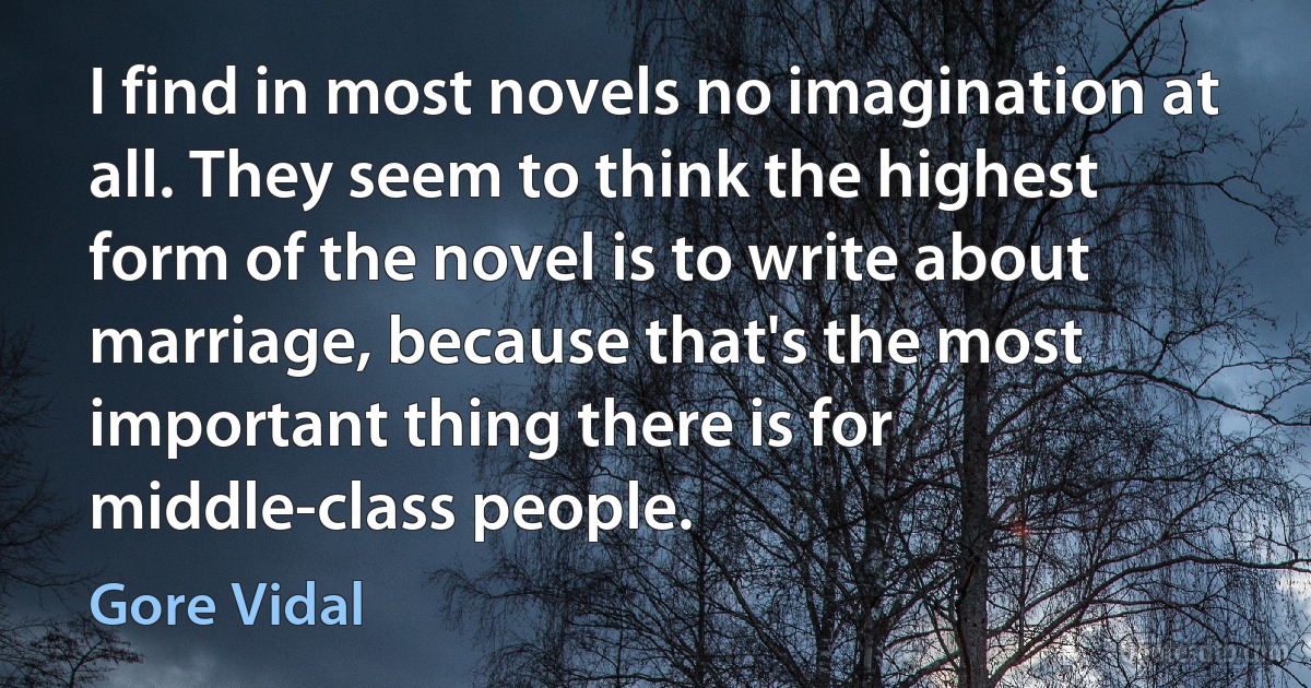 I find in most novels no imagination at all. They seem to think the highest form of the novel is to write about marriage, because that's the most important thing there is for middle-class people. (Gore Vidal)