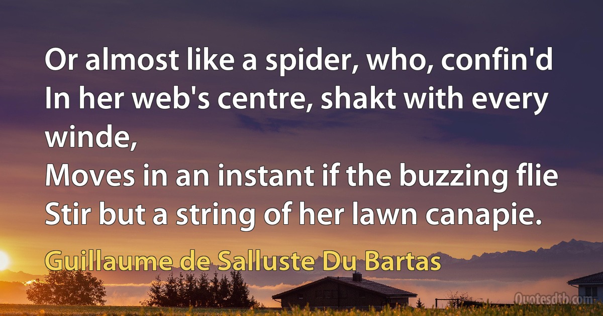 Or almost like a spider, who, confin'd
In her web's centre, shakt with every winde,
Moves in an instant if the buzzing flie
Stir but a string of her lawn canapie. (Guillaume de Salluste Du Bartas)