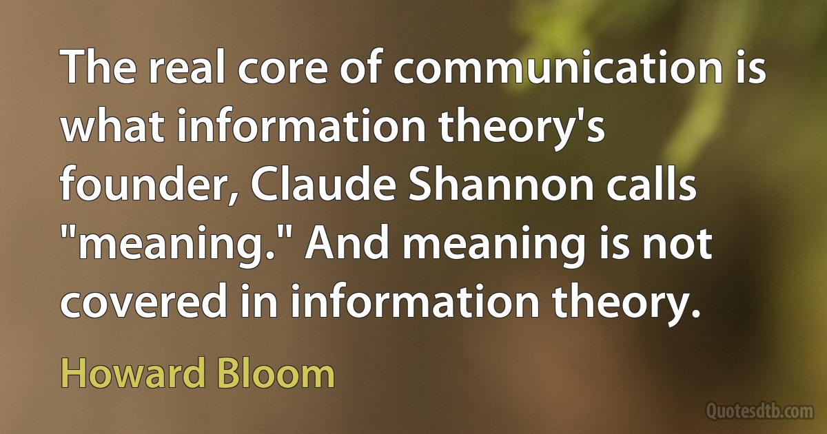 The real core of communication is what information theory's founder, Claude Shannon calls "meaning." And meaning is not covered in information theory. (Howard Bloom)