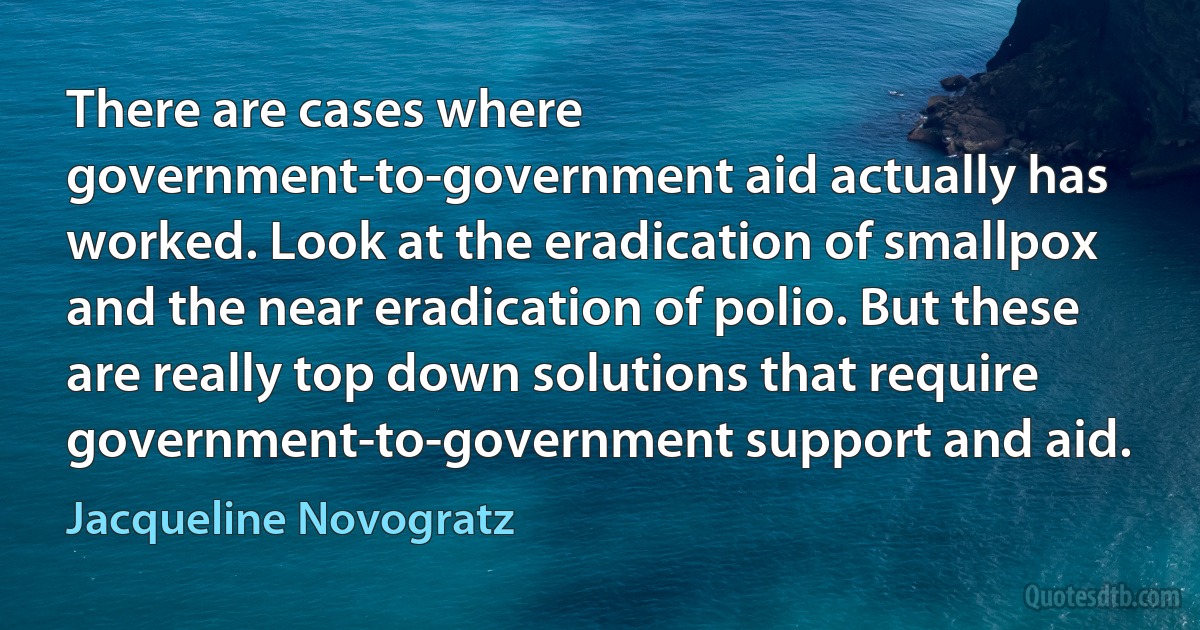 There are cases where government-to-government aid actually has worked. Look at the eradication of smallpox and the near eradication of polio. But these are really top down solutions that require government-to-government support and aid. (Jacqueline Novogratz)