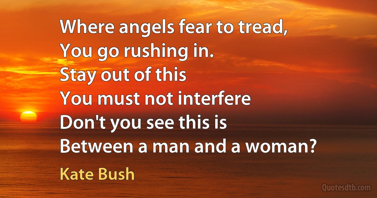 Where angels fear to tread,
You go rushing in.
Stay out of this
You must not interfere
Don't you see this is
Between a man and a woman? (Kate Bush)