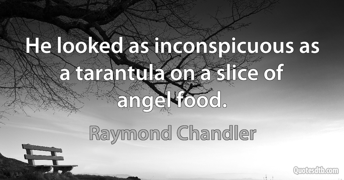 He looked as inconspicuous as a tarantula on a slice of angel food. (Raymond Chandler)