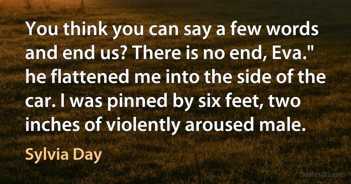 You think you can say a few words and end us? There is no end, Eva." he flattened me into the side of the car. I was pinned by six feet, two inches of violently aroused male. (Sylvia Day)