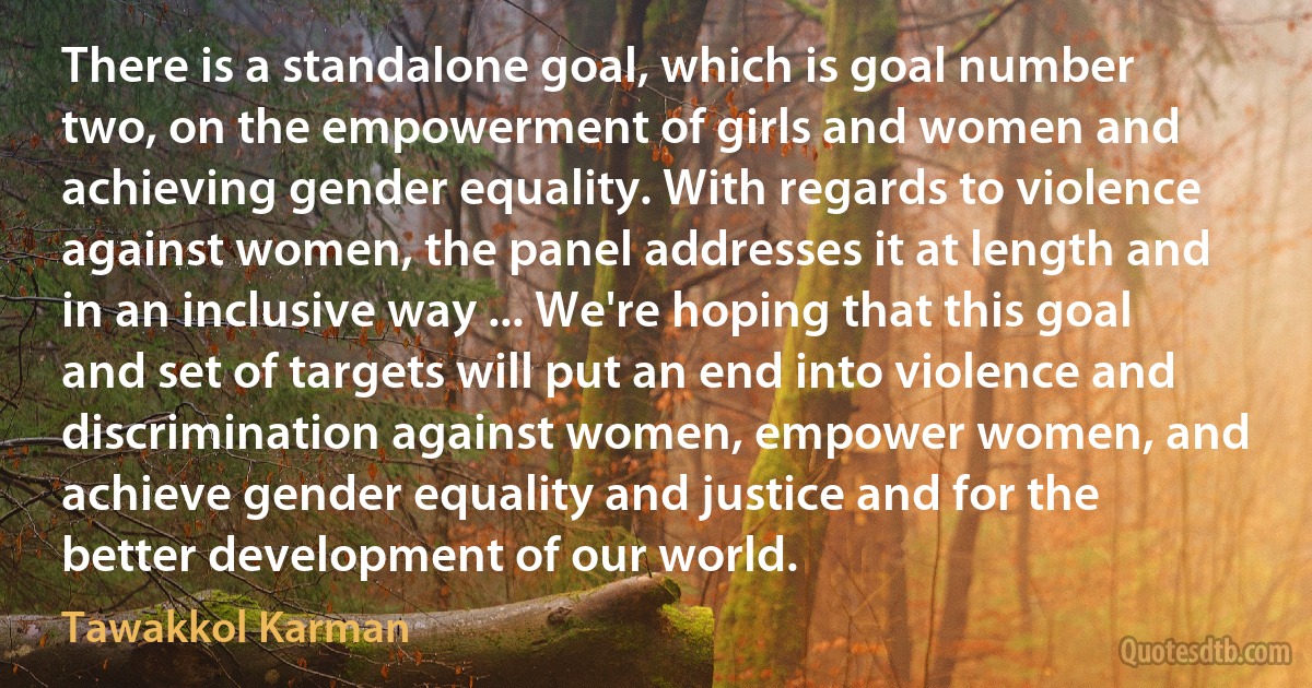 There is a standalone goal, which is goal number two, on the empowerment of girls and women and achieving gender equality. With regards to violence against women, the panel addresses it at length and in an inclusive way ... We're hoping that this goal and set of targets will put an end into violence and discrimination against women, empower women, and achieve gender equality and justice and for the better development of our world. (Tawakkol Karman)