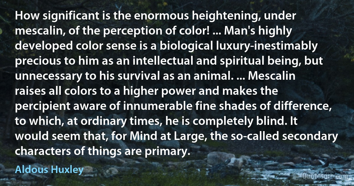 How significant is the enormous heightening, under mescalin, of the perception of color! ... Man's highly developed color sense is a biological luxury-inestimably precious to him as an intellectual and spiritual being, but unnecessary to his survival as an animal. ... Mescalin raises all colors to a higher power and makes the percipient aware of innumerable fine shades of difference, to which, at ordinary times, he is completely blind. It would seem that, for Mind at Large, the so-called secondary characters of things are primary. (Aldous Huxley)