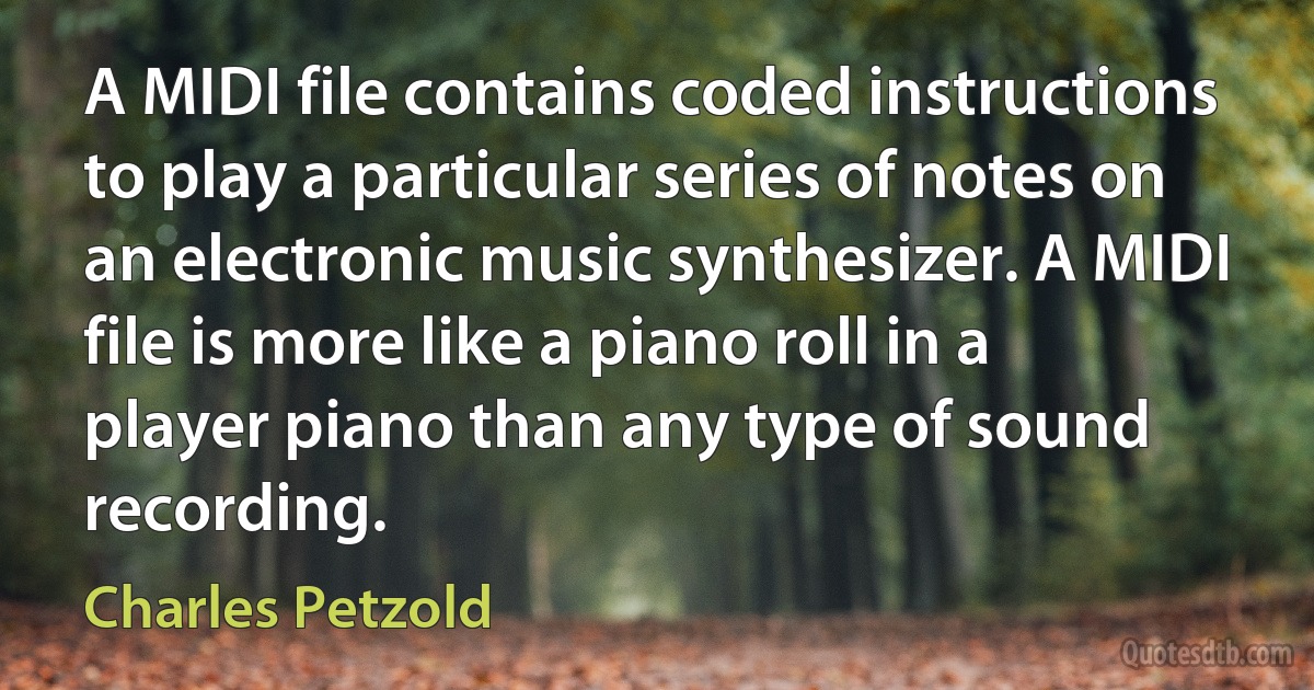 A MIDI file contains coded instructions to play a particular series of notes on an electronic music synthesizer. A MIDI file is more like a piano roll in a player piano than any type of sound recording. (Charles Petzold)