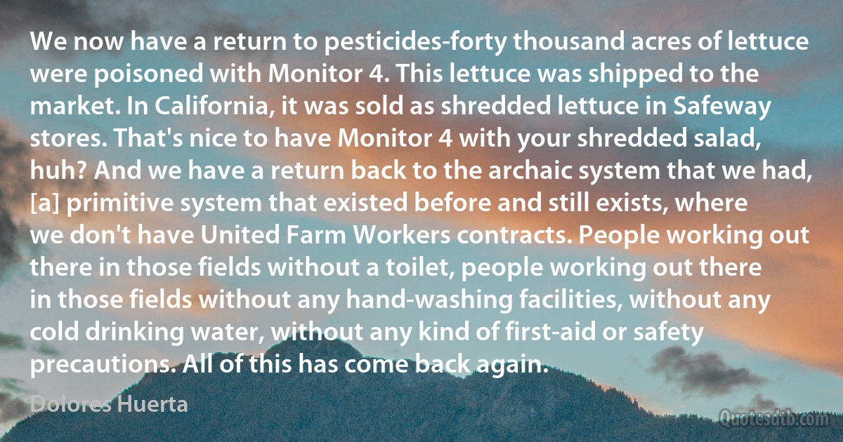 We now have a return to pesticides-forty thousand acres of lettuce were poisoned with Monitor 4. This lettuce was shipped to the market. In California, it was sold as shredded lettuce in Safeway stores. That's nice to have Monitor 4 with your shredded salad, huh? And we have a return back to the archaic system that we had, [a] primitive system that existed before and still exists, where we don't have United Farm Workers contracts. People working out there in those fields without a toilet, people working out there in those fields without any hand-washing facilities, without any cold drinking water, without any kind of first-aid or safety precautions. All of this has come back again. (Dolores Huerta)