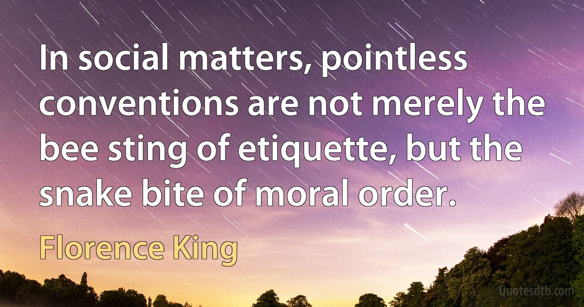 In social matters, pointless conventions are not merely the bee sting of etiquette, but the snake bite of moral order. (Florence King)