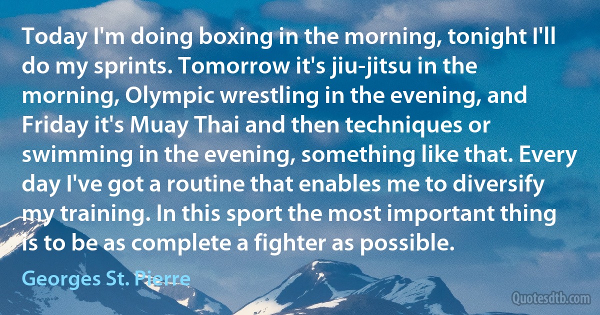 Today I'm doing boxing in the morning, tonight I'll do my sprints. Tomorrow it's jiu-jitsu in the morning, Olympic wrestling in the evening, and Friday it's Muay Thai and then techniques or swimming in the evening, something like that. Every day I've got a routine that enables me to diversify my training. In this sport the most important thing is to be as complete a fighter as possible. (Georges St. Pierre)