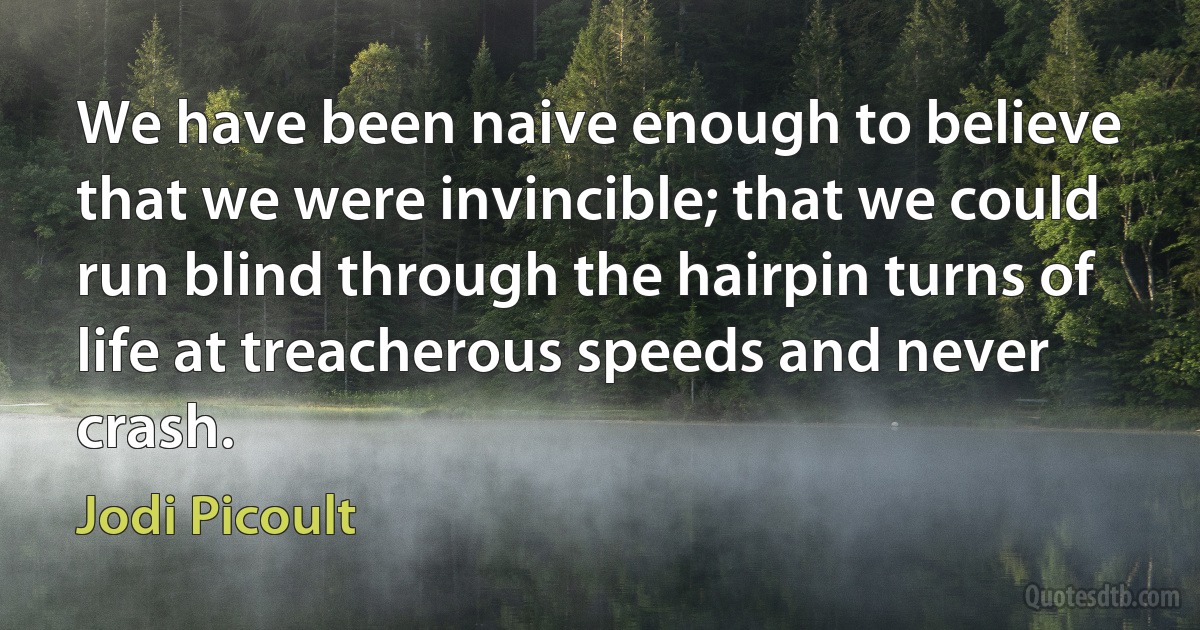 We have been naive enough to believe that we were invincible; that we could run blind through the hairpin turns of life at treacherous speeds and never crash. (Jodi Picoult)