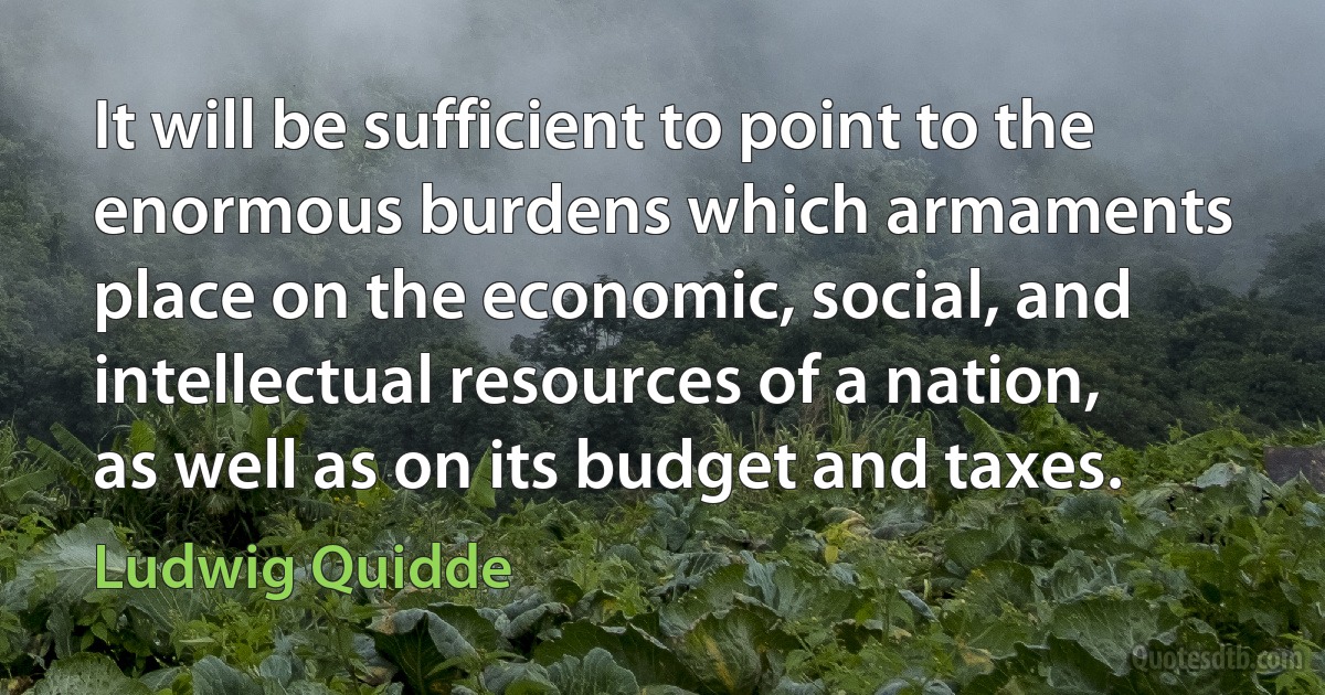 It will be sufficient to point to the enormous burdens which armaments place on the economic, social, and intellectual resources of a nation, as well as on its budget and taxes. (Ludwig Quidde)