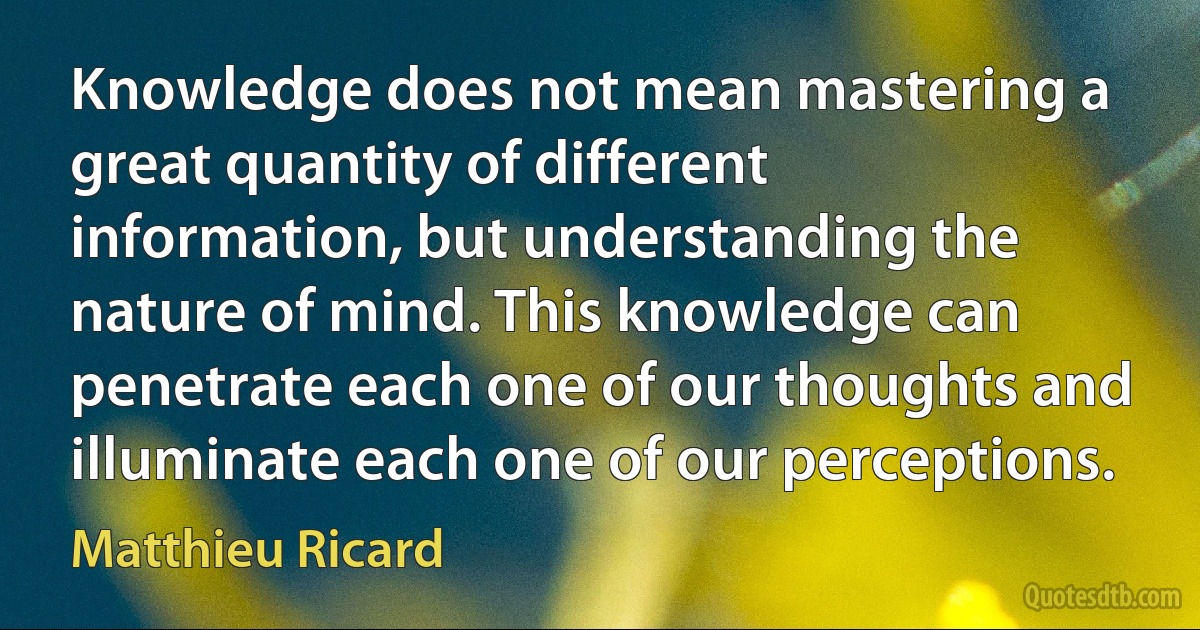 Knowledge does not mean mastering a great quantity of different information, but understanding the nature of mind. This knowledge can penetrate each one of our thoughts and illuminate each one of our perceptions. (Matthieu Ricard)