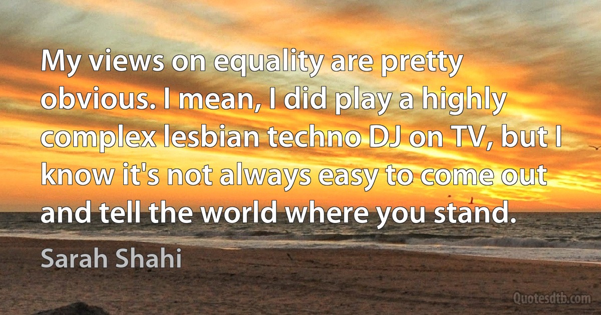 My views on equality are pretty obvious. I mean, I did play a highly complex lesbian techno DJ on TV, but I know it's not always easy to come out and tell the world where you stand. (Sarah Shahi)