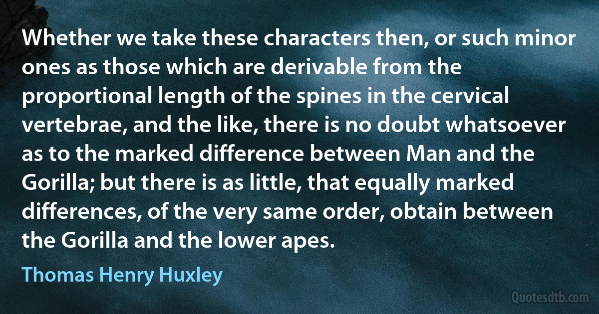 Whether we take these characters then, or such minor ones as those which are derivable from the proportional length of the spines in the cervical vertebrae, and the like, there is no doubt whatsoever as to the marked difference between Man and the Gorilla; but there is as little, that equally marked differences, of the very same order, obtain between the Gorilla and the lower apes. (Thomas Henry Huxley)