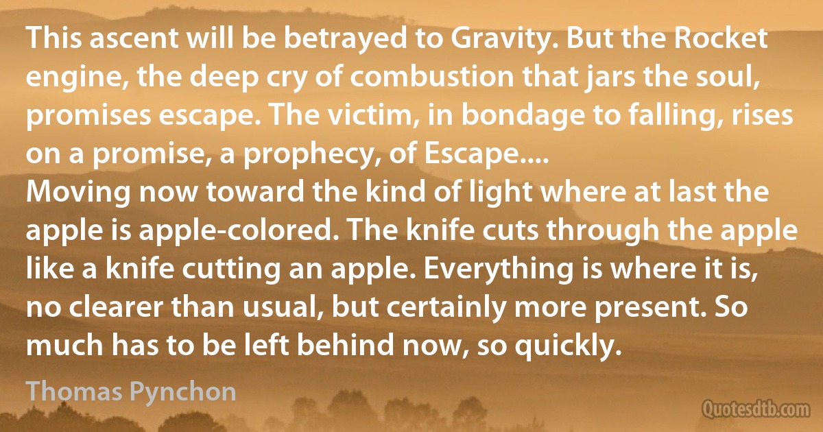 This ascent will be betrayed to Gravity. But the Rocket engine, the deep cry of combustion that jars the soul, promises escape. The victim, in bondage to falling, rises on a promise, a prophecy, of Escape....
Moving now toward the kind of light where at last the apple is apple-colored. The knife cuts through the apple like a knife cutting an apple. Everything is where it is, no clearer than usual, but certainly more present. So much has to be left behind now, so quickly. (Thomas Pynchon)