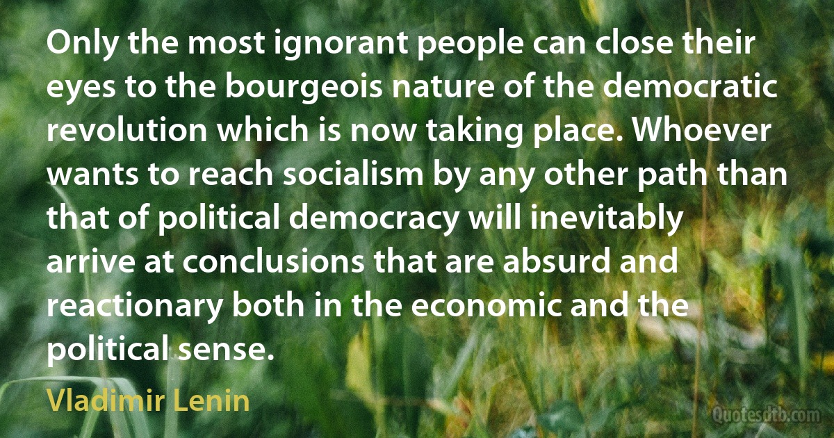 Only the most ignorant people can close their eyes to the bourgeois nature of the democratic revolution which is now taking place. Whoever wants to reach socialism by any other path than that of political democracy will inevitably arrive at conclusions that are absurd and reactionary both in the economic and the political sense. (Vladimir Lenin)