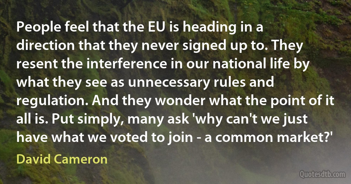 People feel that the EU is heading in a direction that they never signed up to. They resent the interference in our national life by what they see as unnecessary rules and regulation. And they wonder what the point of it all is. Put simply, many ask 'why can't we just have what we voted to join - a common market?' (David Cameron)