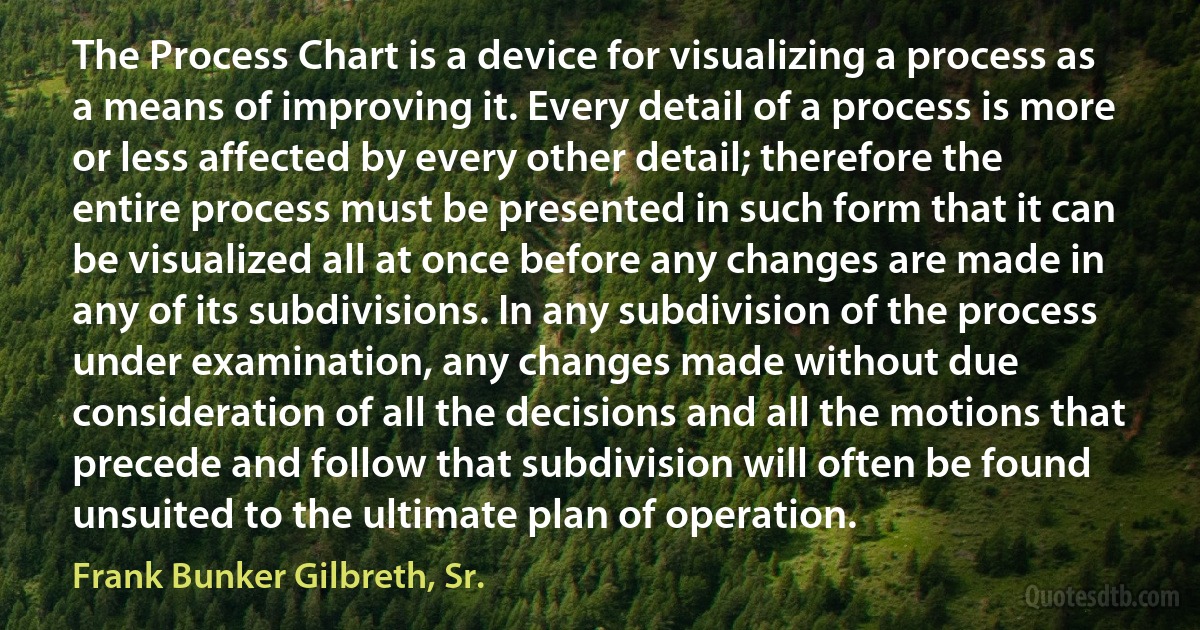 The Process Chart is a device for visualizing a process as a means of improving it. Every detail of a process is more or less affected by every other detail; therefore the entire process must be presented in such form that it can be visualized all at once before any changes are made in any of its subdivisions. In any subdivision of the process under examination, any changes made without due consideration of all the decisions and all the motions that precede and follow that subdivision will often be found unsuited to the ultimate plan of operation. (Frank Bunker Gilbreth, Sr.)