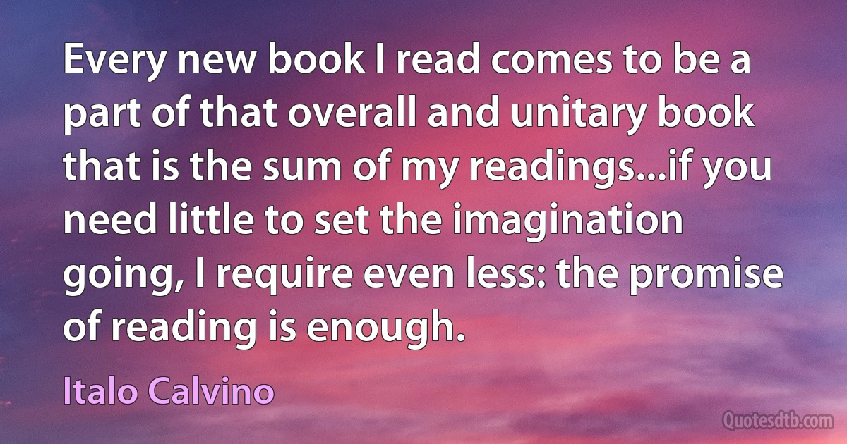 Every new book I read comes to be a part of that overall and unitary book that is the sum of my readings...if you need little to set the imagination going, I require even less: the promise of reading is enough. (Italo Calvino)