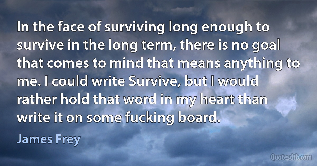 In the face of surviving long enough to survive in the long term, there is no goal that comes to mind that means anything to me. I could write Survive, but I would rather hold that word in my heart than write it on some fucking board. (James Frey)