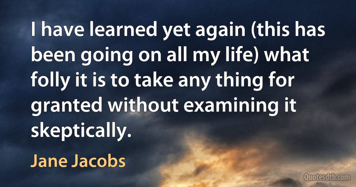 I have learned yet again (this has been going on all my life) what folly it is to take any thing for granted without examining it skeptically. (Jane Jacobs)