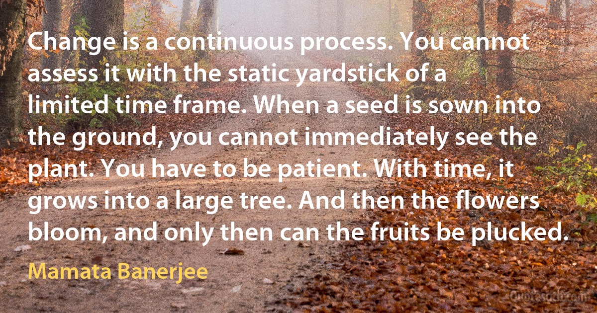 Change is a continuous process. You cannot assess it with the static yardstick of a limited time frame. When a seed is sown into the ground, you cannot immediately see the plant. You have to be patient. With time, it grows into a large tree. And then the flowers bloom, and only then can the fruits be plucked. (Mamata Banerjee)