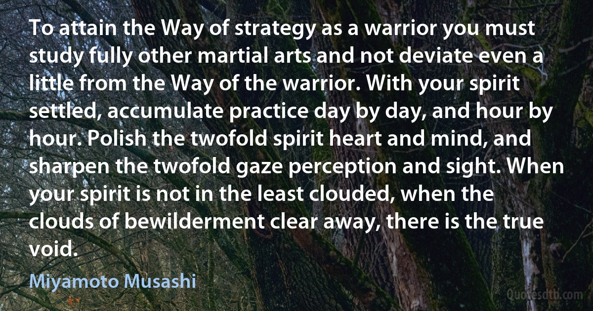 To attain the Way of strategy as a warrior you must study fully other martial arts and not deviate even a little from the Way of the warrior. With your spirit settled, accumulate practice day by day, and hour by hour. Polish the twofold spirit heart and mind, and sharpen the twofold gaze perception and sight. When your spirit is not in the least clouded, when the clouds of bewilderment clear away, there is the true void. (Miyamoto Musashi)