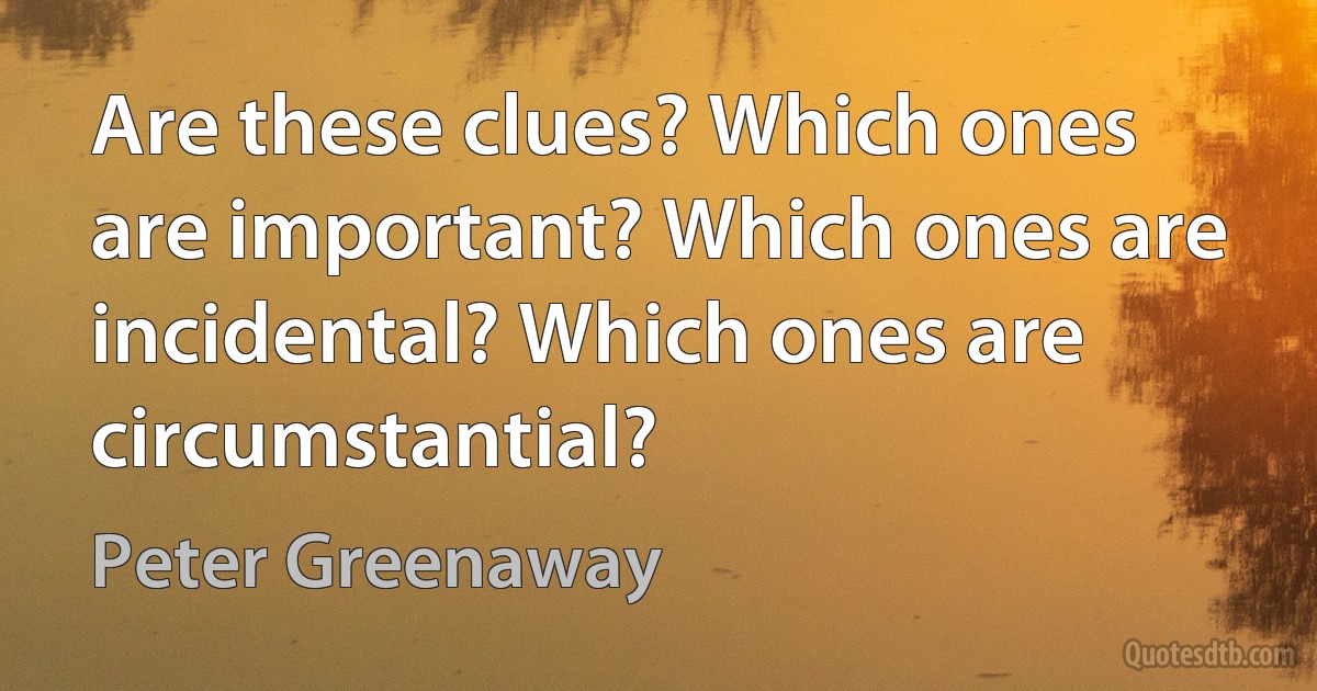 Are these clues? Which ones are important? Which ones are incidental? Which ones are circumstantial? (Peter Greenaway)