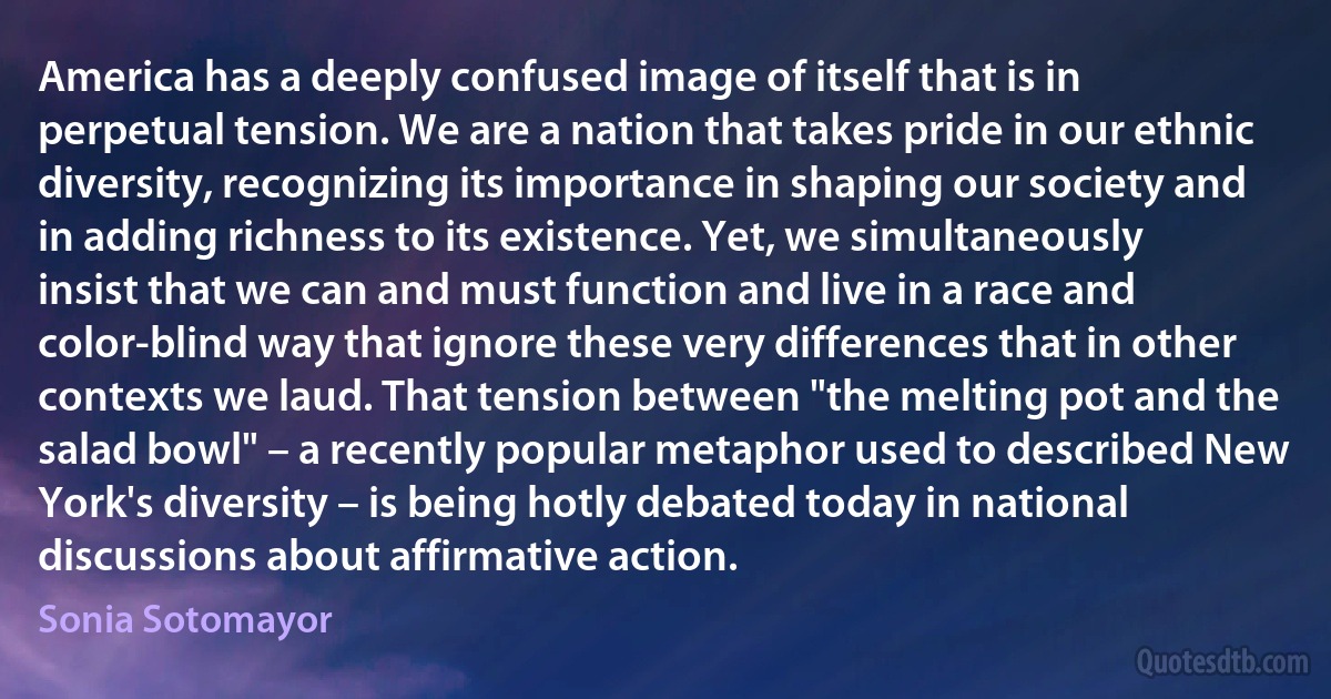 America has a deeply confused image of itself that is in perpetual tension. We are a nation that takes pride in our ethnic diversity, recognizing its importance in shaping our society and in adding richness to its existence. Yet, we simultaneously insist that we can and must function and live in a race and color-blind way that ignore these very differences that in other contexts we laud. That tension between "the melting pot and the salad bowl" – a recently popular metaphor used to described New York's diversity – is being hotly debated today in national discussions about affirmative action. (Sonia Sotomayor)