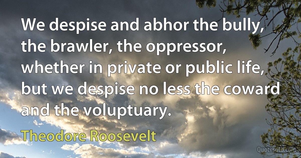 We despise and abhor the bully, the brawler, the oppressor, whether in private or public life, but we despise no less the coward and the voluptuary. (Theodore Roosevelt)