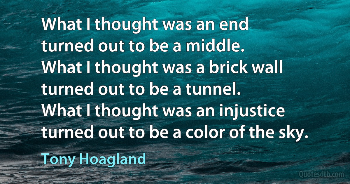 What I thought was an end
turned out to be a middle.
What I thought was a brick wall
turned out to be a tunnel.
What I thought was an injustice
turned out to be a color of the sky. (Tony Hoagland)