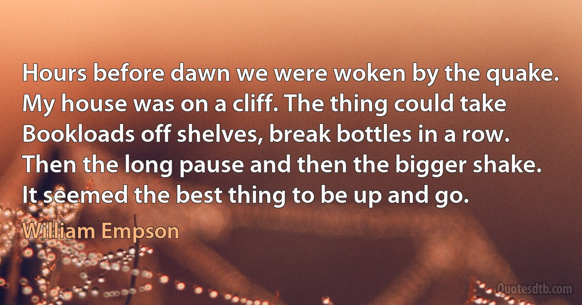 Hours before dawn we were woken by the quake.
My house was on a cliff. The thing could take
Bookloads off shelves, break bottles in a row.
Then the long pause and then the bigger shake.
It seemed the best thing to be up and go. (William Empson)