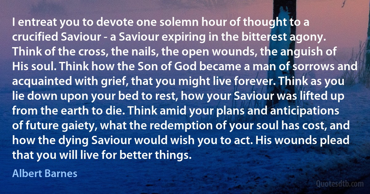 I entreat you to devote one solemn hour of thought to a crucified Saviour - a Saviour expiring in the bitterest agony. Think of the cross, the nails, the open wounds, the anguish of His soul. Think how the Son of God became a man of sorrows and acquainted with grief, that you might live forever. Think as you lie down upon your bed to rest, how your Saviour was lifted up from the earth to die. Think amid your plans and anticipations of future gaiety, what the redemption of your soul has cost, and how the dying Saviour would wish you to act. His wounds plead that you will live for better things. (Albert Barnes)