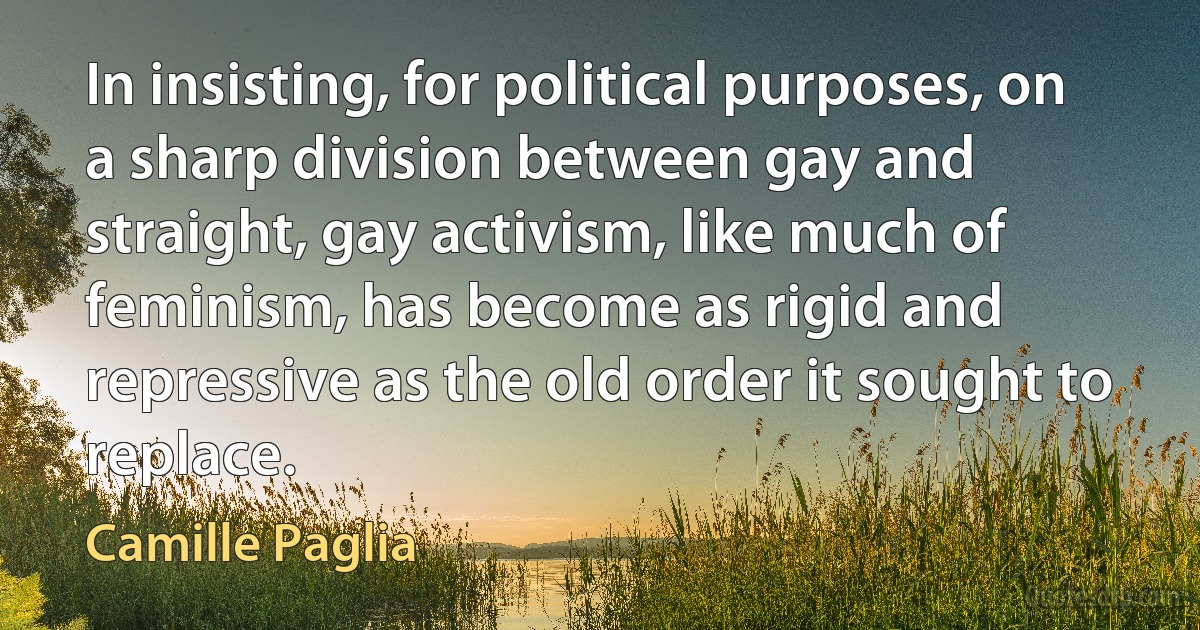 In insisting, for political purposes, on a sharp division between gay and straight, gay activism, like much of feminism, has become as rigid and repressive as the old order it sought to replace. (Camille Paglia)