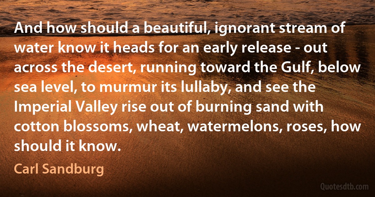 And how should a beautiful, ignorant stream of water know it heads for an early release - out across the desert, running toward the Gulf, below sea level, to murmur its lullaby, and see the Imperial Valley rise out of burning sand with cotton blossoms, wheat, watermelons, roses, how should it know. (Carl Sandburg)