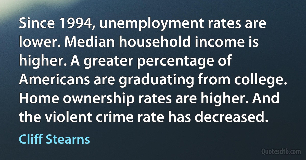 Since 1994, unemployment rates are lower. Median household income is higher. A greater percentage of Americans are graduating from college. Home ownership rates are higher. And the violent crime rate has decreased. (Cliff Stearns)