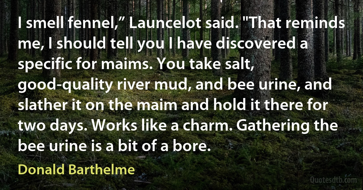 I smell fennel,” Launcelot said. "That reminds me, I should tell you I have discovered a specific for maims. You take salt, good-quality river mud, and bee urine, and slather it on the maim and hold it there for two days. Works like a charm. Gathering the bee urine is a bit of a bore. (Donald Barthelme)