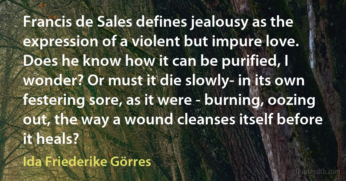 Francis de Sales defines jealousy as the expression of a violent but impure love. Does he know how it can be purified, I wonder? Or must it die slowly- in its own festering sore, as it were - burning, oozing out, the way a wound cleanses itself before it heals? (Ida Friederike Görres)