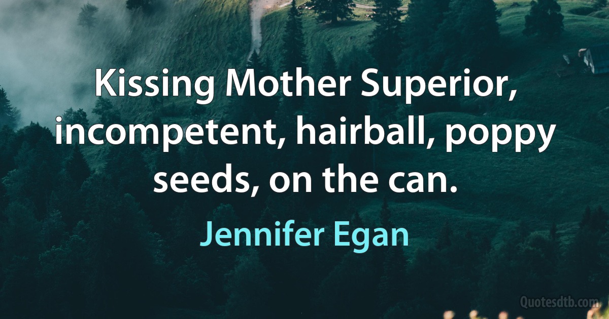 Kissing Mother Superior, incompetent, hairball, poppy seeds, on the can. (Jennifer Egan)