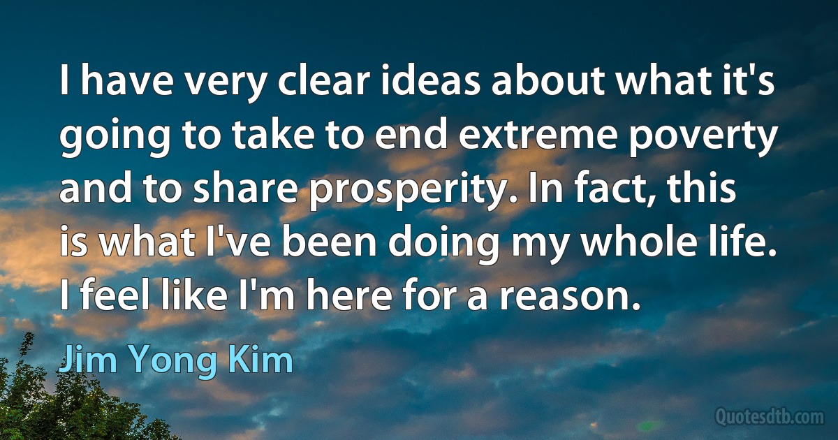 I have very clear ideas about what it's going to take to end extreme poverty and to share prosperity. In fact, this is what I've been doing my whole life. I feel like I'm here for a reason. (Jim Yong Kim)