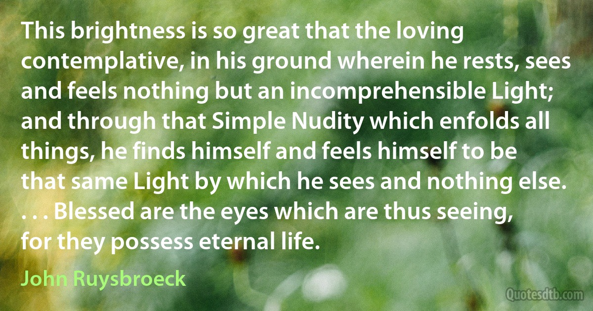 This brightness is so great that the loving contemplative, in his ground wherein he rests, sees and feels nothing but an incomprehensible Light; and through that Simple Nudity which enfolds all things, he finds himself and feels himself to be that same Light by which he sees and nothing else. . . . Blessed are the eyes which are thus seeing, for they possess eternal life. (John Ruysbroeck)