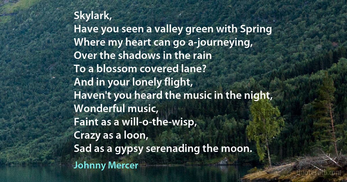 Skylark,
Have you seen a valley green with Spring
Where my heart can go a-journeying,
Over the shadows in the rain
To a blossom covered lane?
And in your lonely flight,
Haven't you heard the music in the night,
Wonderful music,
Faint as a will-o-the-wisp,
Crazy as a loon,
Sad as a gypsy serenading the moon. (Johnny Mercer)