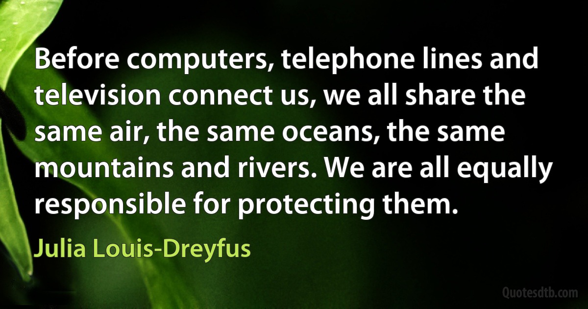 Before computers, telephone lines and television connect us, we all share the same air, the same oceans, the same mountains and rivers. We are all equally responsible for protecting them. (Julia Louis-Dreyfus)