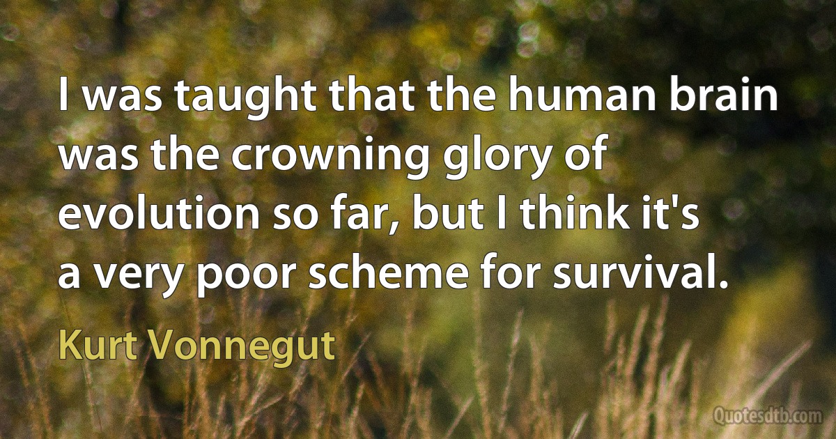 I was taught that the human brain was the crowning glory of evolution so far, but I think it's a very poor scheme for survival. (Kurt Vonnegut)