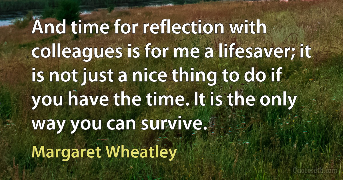 And time for reflection with colleagues is for me a lifesaver; it is not just a nice thing to do if you have the time. It is the only way you can survive. (Margaret Wheatley)