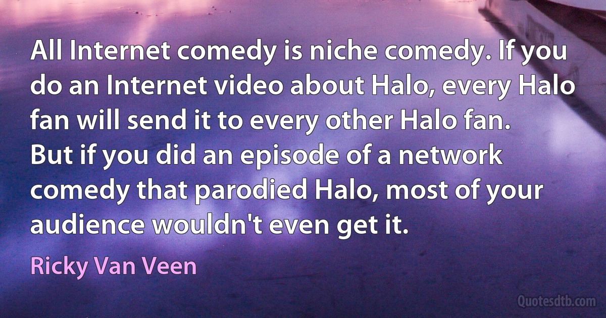 All Internet comedy is niche comedy. If you do an Internet video about Halo, every Halo fan will send it to every other Halo fan. But if you did an episode of a network comedy that parodied Halo, most of your audience wouldn't even get it. (Ricky Van Veen)