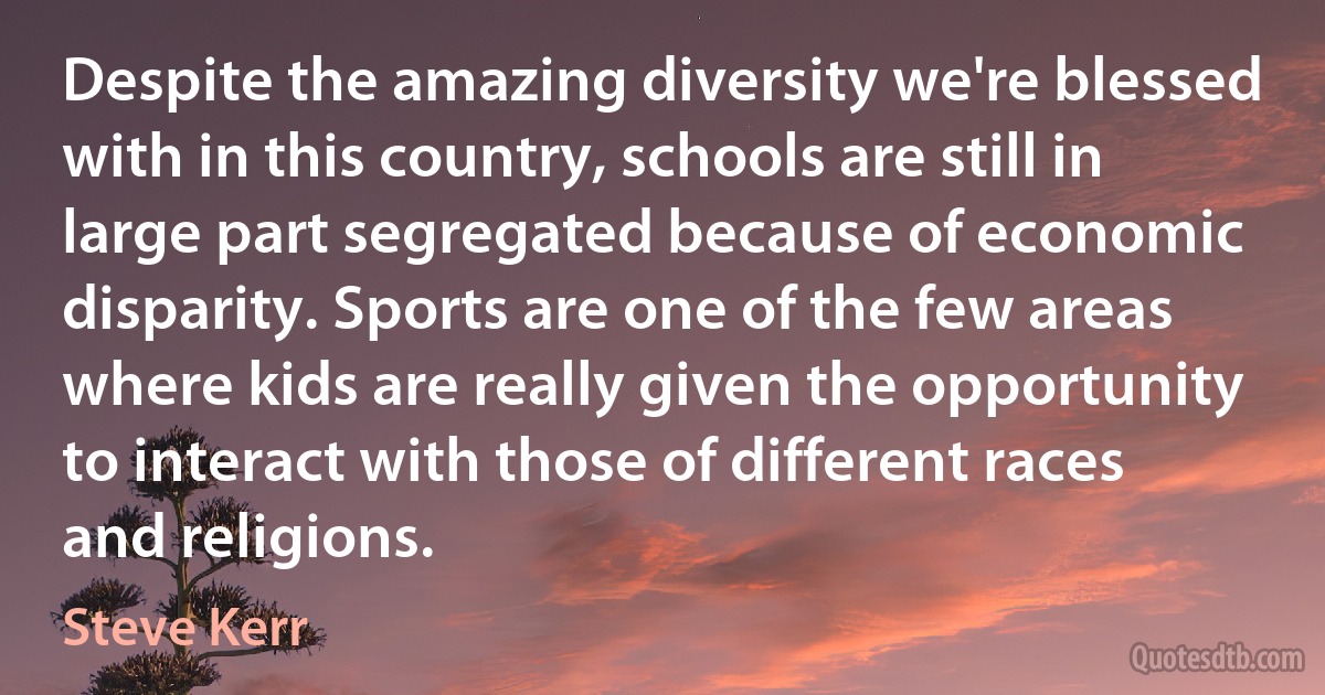 Despite the amazing diversity we're blessed with in this country, schools are still in large part segregated because of economic disparity. Sports are one of the few areas where kids are really given the opportunity to interact with those of different races and religions. (Steve Kerr)