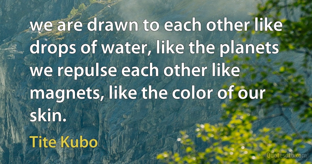 we are drawn to each other like drops of water, like the planets we repulse each other like magnets, like the color of our skin. (Tite Kubo)