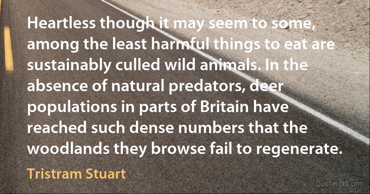 Heartless though it may seem to some, among the least harmful things to eat are sustainably culled wild animals. In the absence of natural predators, deer populations in parts of Britain have reached such dense numbers that the woodlands they browse fail to regenerate. (Tristram Stuart)